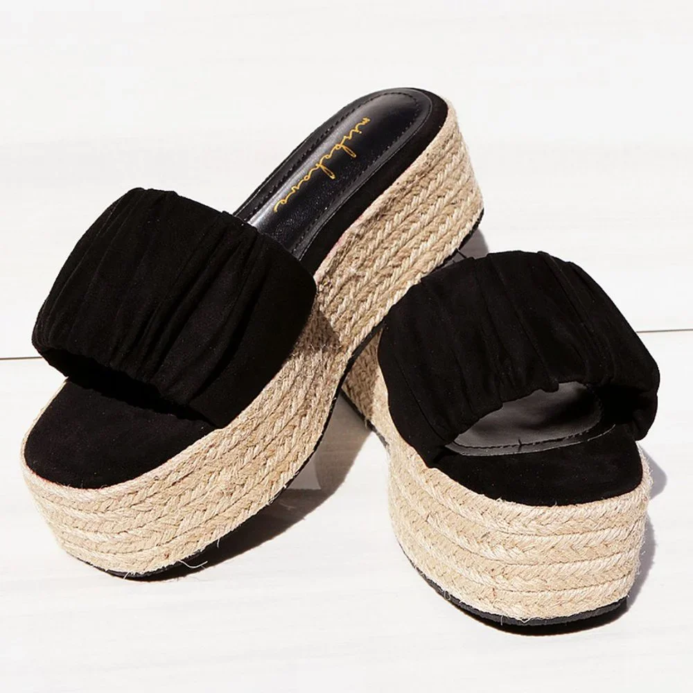 NEW Black Ruched Faux Suede Espadrille Slip On Slides Wedge Platform Sandal Shoe
